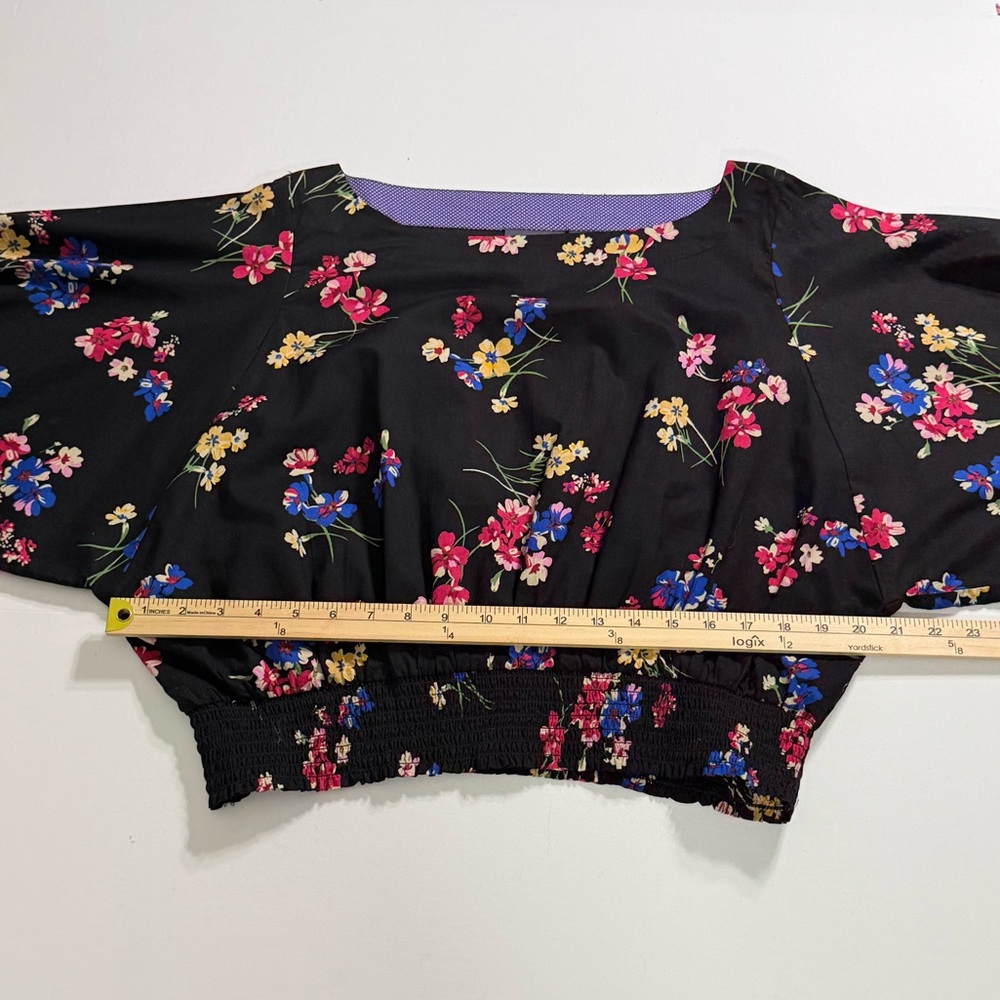 Floral Maeve Anthropologie Black Multi Cotton Smocked Dolman Blouse M Medium - Picture 4 of 9